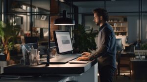 A photo of an employee working at a standing desk in a modern office